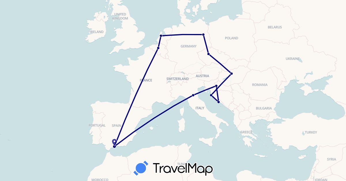 TravelMap itinerary: driving in Belgium, Czech Republic, Germany, Spain, Croatia, Hungary, Italy, Netherlands (Europe)